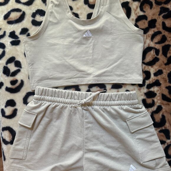 Adidas Set - Cargo Sweat Shorts and Crop Tank Top - Cream/ Tan - Picture 1 of 5